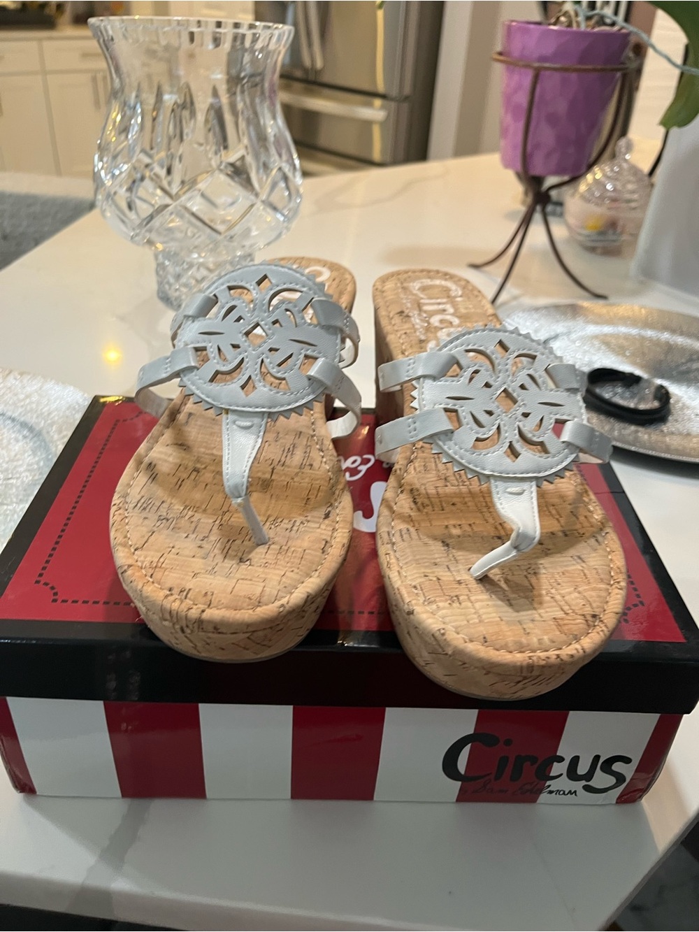 Circus by Sam Edelman White Laser-Cut Cork Platform Thong Sandals